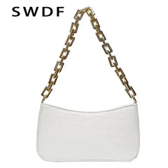Stone Pattern PU Leather Armpit Bag Metal Chain Shoulder Handbag