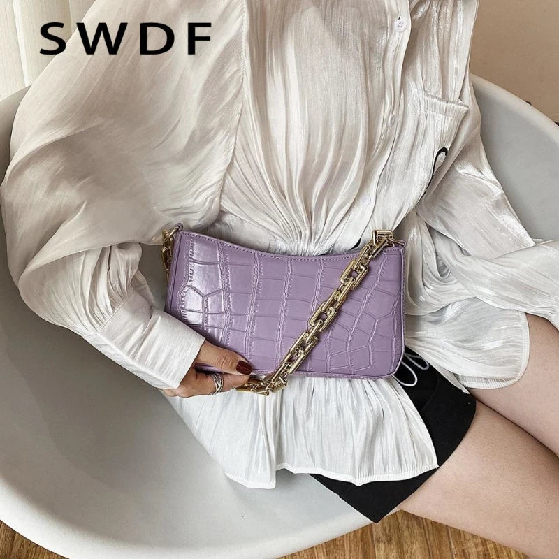 Stone Pattern PU Leather Armpit Bag Metal Chain Shoulder Handbag