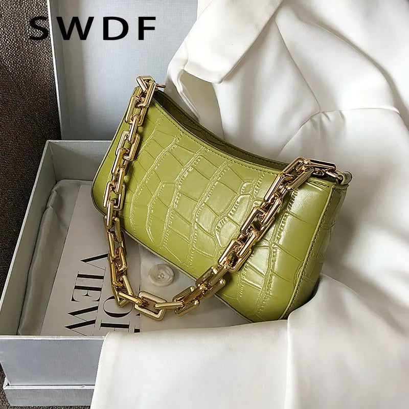 Stone Pattern PU Leather Armpit Bag Metal Chain Shoulder Handbag