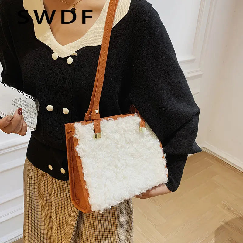 Vintage Faux Suede Lambswool Tote Bag for Women - Shoulder Handbag