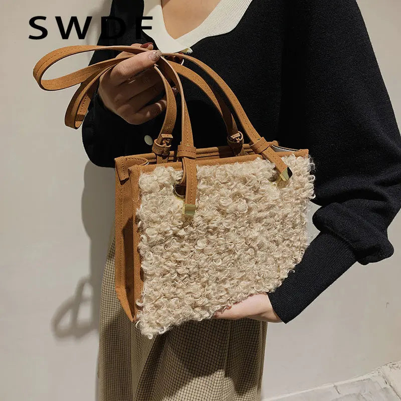 Vintage Faux Suede Lambswool Tote Bag for Women - Shoulder Handbag