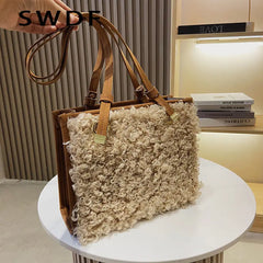 Vintage Faux Suede Lambswool Tote Bag for Women - Shoulder Handbag