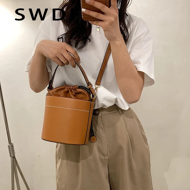 Vintage Brown Leather Messenger Bags Bucket Bag Crossbody Shoulder Handbag