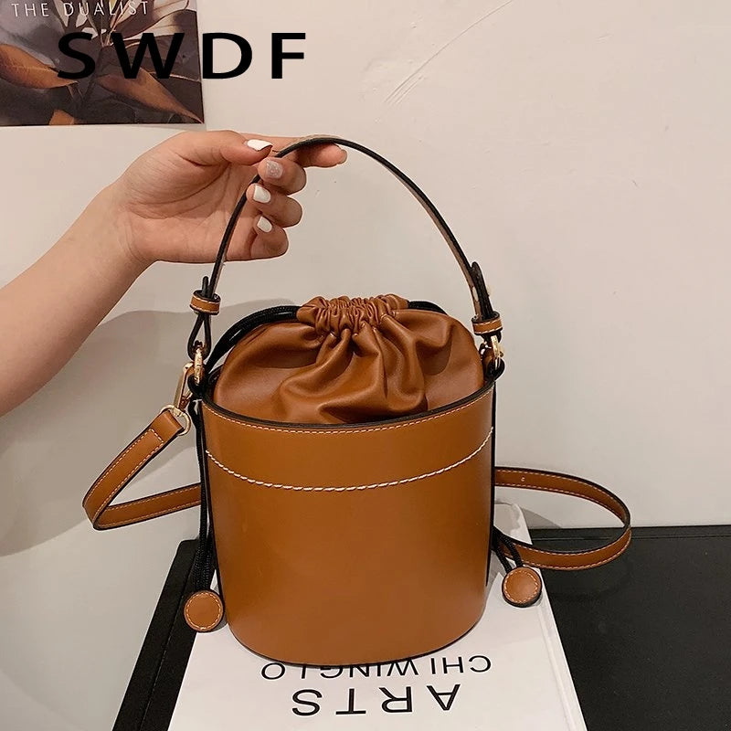 Vintage Brown Leather Messenger Bags Bucket Bag Crossbody Shoulder Handbag