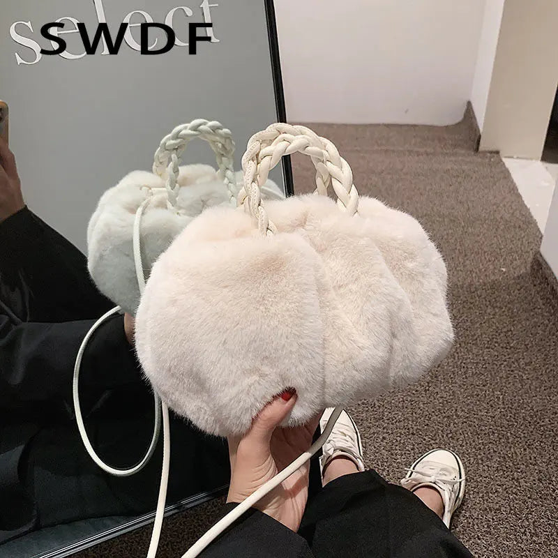 Plush Tote Shoulder Bag for Women - Fluffy Handbag Fur Ladies Shoppers Bag