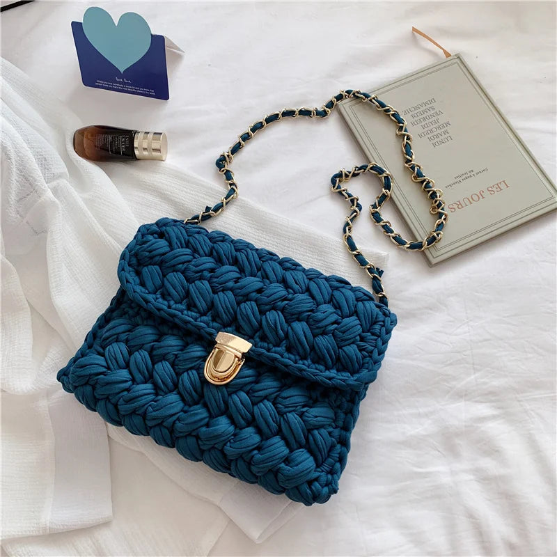Hand Woven Shoulder Bag Strip Thread Hook Knitted Casual Bag