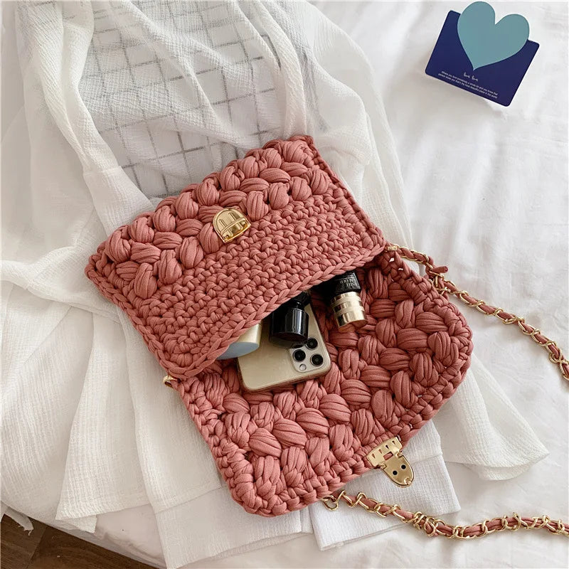 Hand Woven Shoulder Bag Strip Thread Hook Knitted Casual Bag