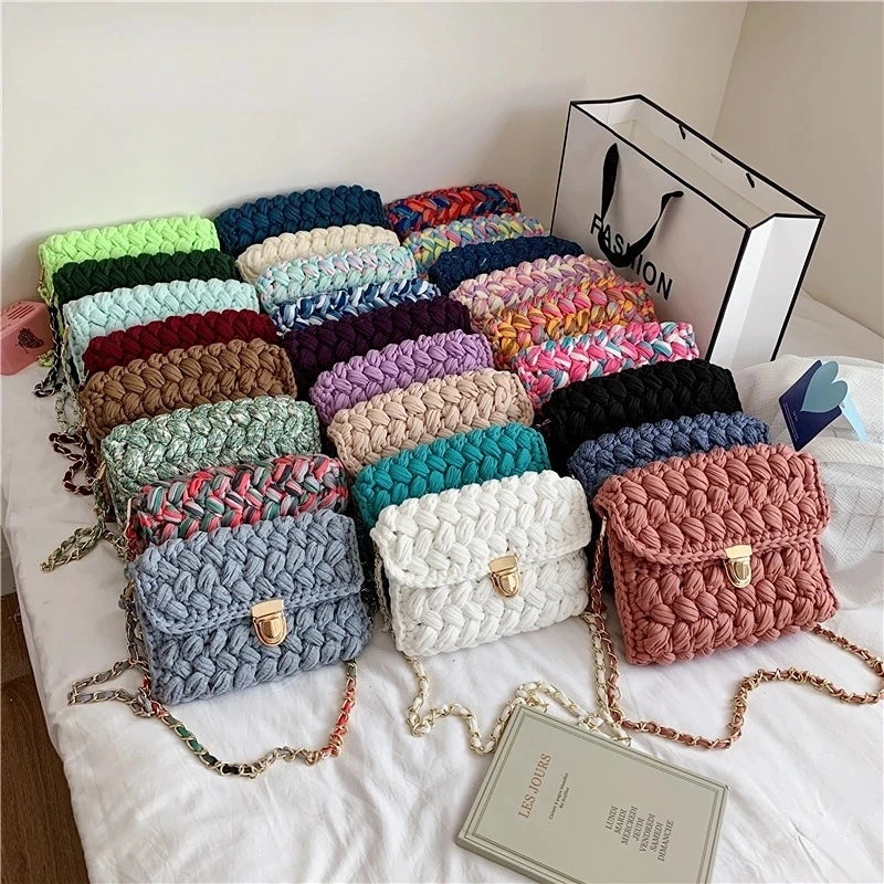 Hand Woven Shoulder Bag Strip Thread Hook Knitted Casual Bag