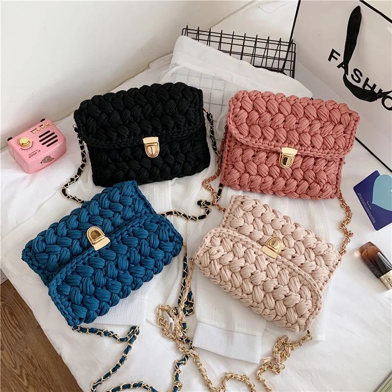 Hand Woven Shoulder Bag Strip Thread Hook Knitted Casual Bag