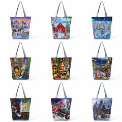 Santa Claus Print Handbags for Women Eco Reusable Shopping Bag Gift