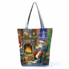 Santa Claus Print Handbags for Women Eco Reusable Shopping Bag Gift