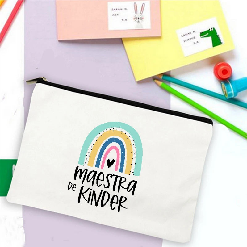 Rainbow Teacher Spanish Printed Pencil Case Travel Wash Pouch
