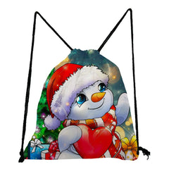 Christmas Drawstring Backpack Snowman Santa Print