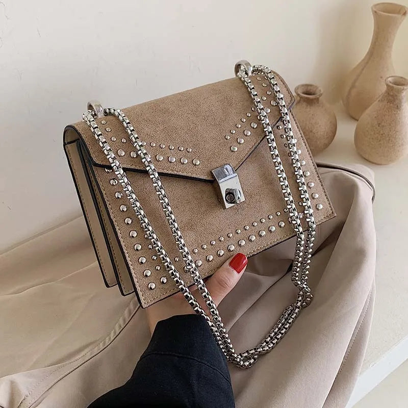 Chain Rivet Crossbody Bag Women's Leather Shoulder Bag