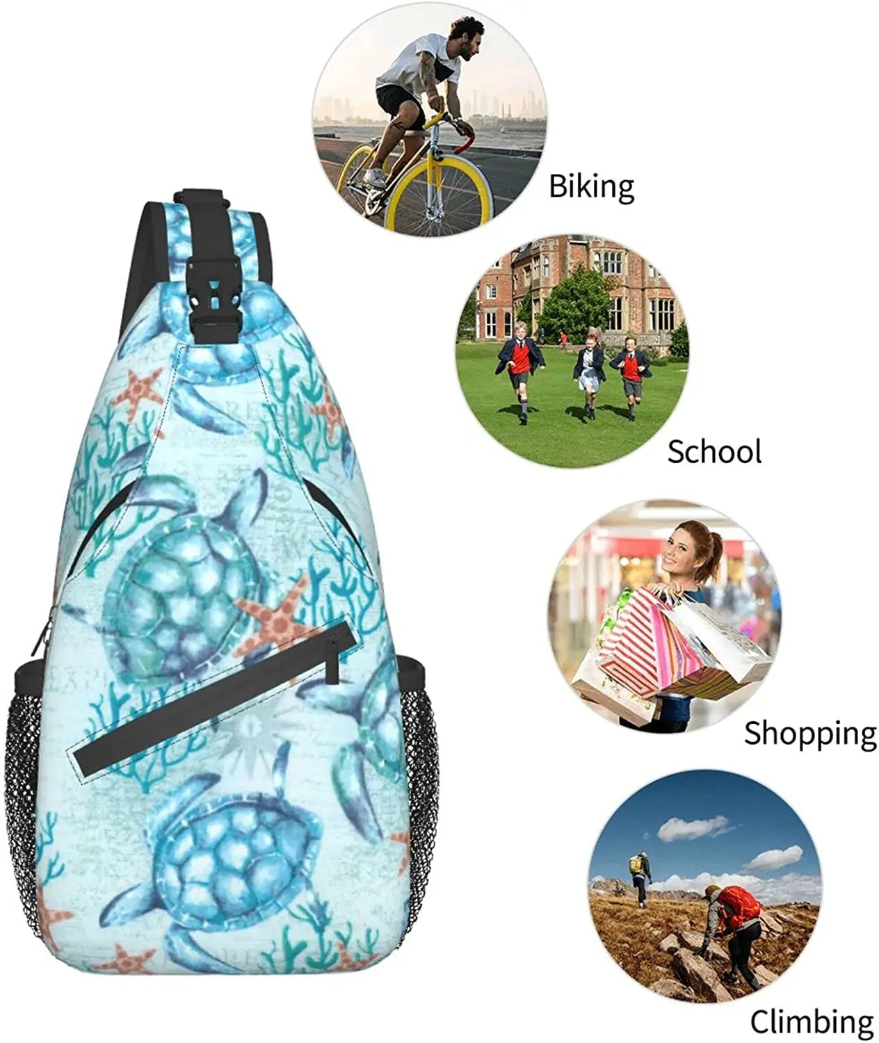 Sea Turtle Seamless Pattern Sling Bag, Animal Print Crossbody Shoulder Backpack