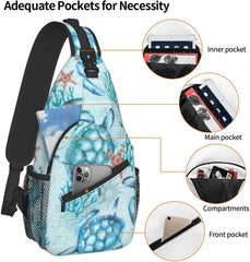 Sea Turtle Seamless Pattern Sling Bag, Animal Print Crossbody Shoulder Backpack