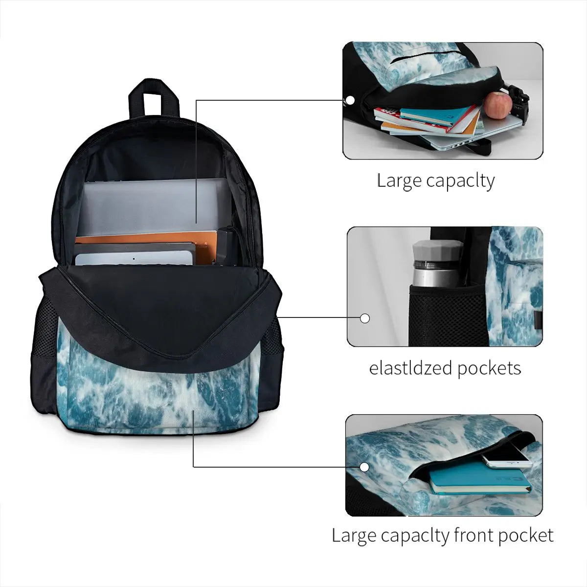 Sea Waves Ocean Backpacks Men's Women's Harajuku Zipper