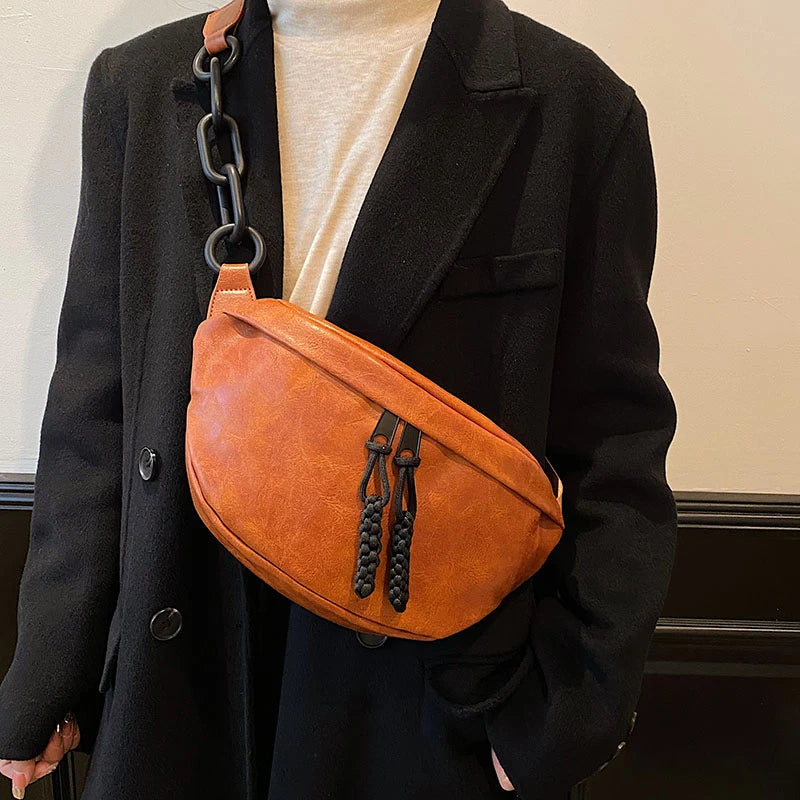 Semicircle Saddle Crossbody Bag Women PU Leather Fanny Pack Travel Chest Bag