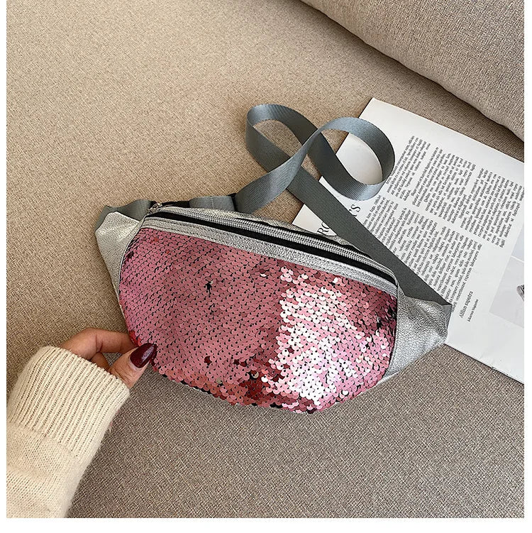 Sequins Waist Bag Crossbody Fanny Pack Women Leather Phone Bag