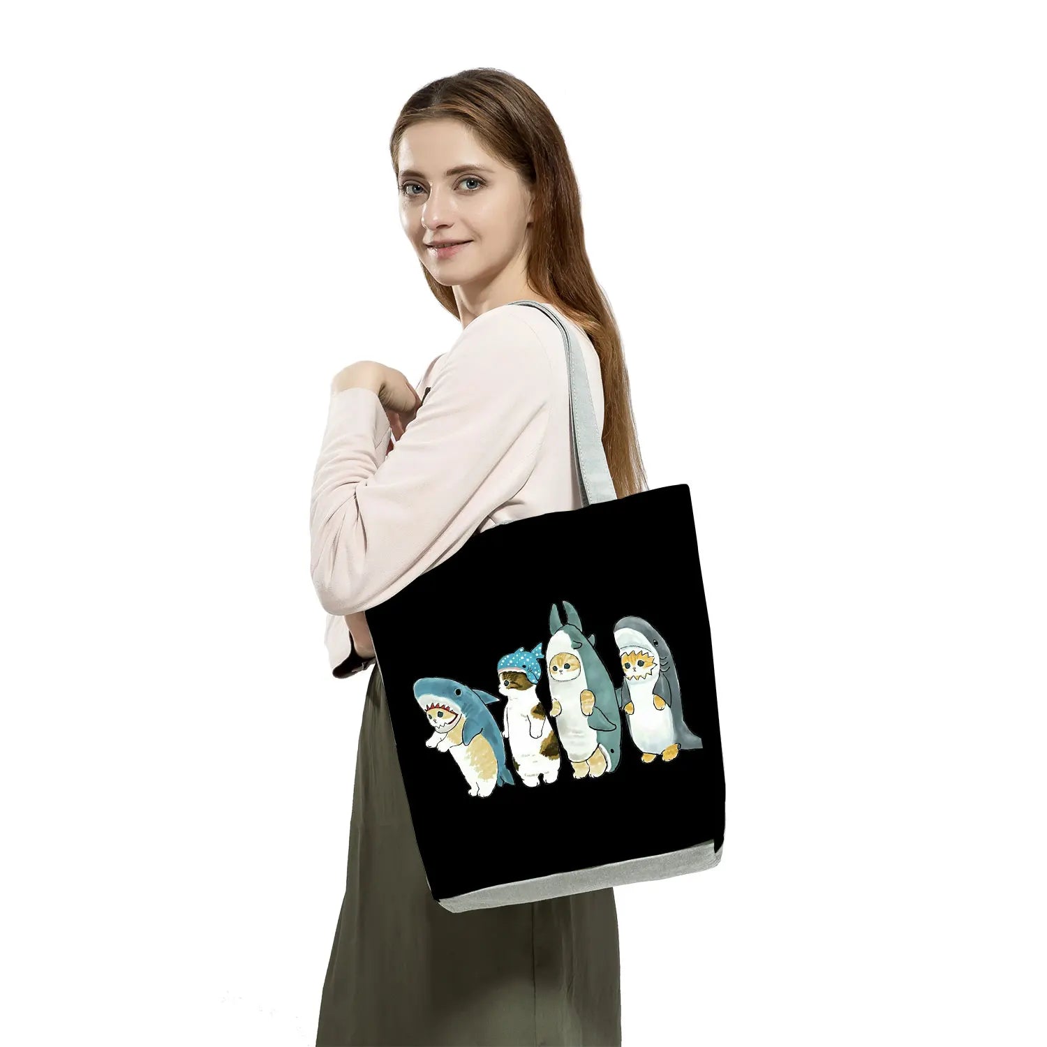 Shark Suit Cartoon Print Animal Cat Print Market Women's Shoulder Bag