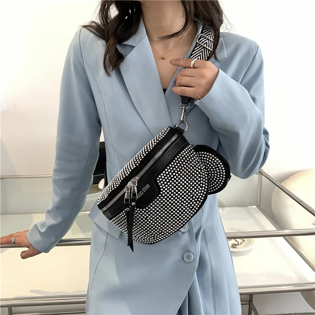 Rhinestone Women's Chest Pack Crossbody Bags PU Leather Fanny Pack