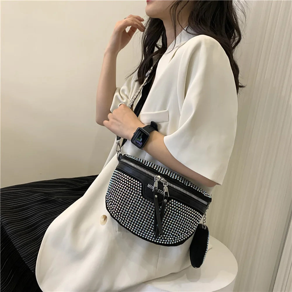 Rhinestone Women's Chest Pack Crossbody Bags PU Leather Fanny Pack