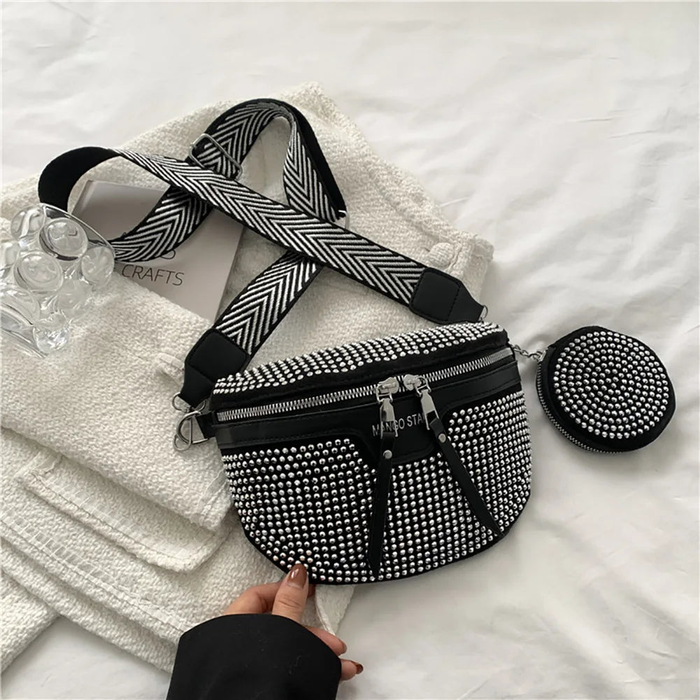Rhinestone Women's Chest Pack Crossbody Bags PU Leather Fanny Pack