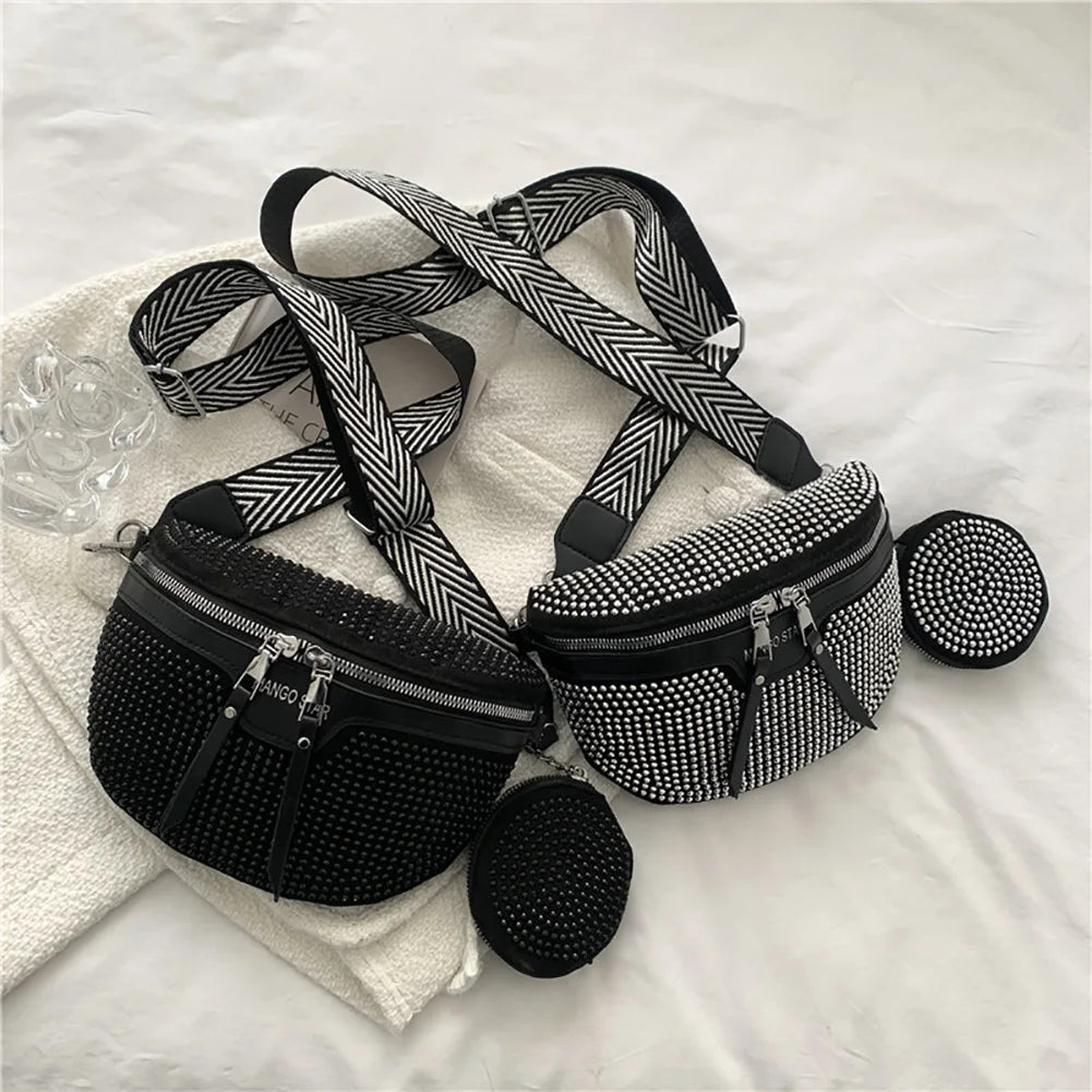 Rhinestone Women's Chest Pack Crossbody Bags PU Leather Fanny Pack