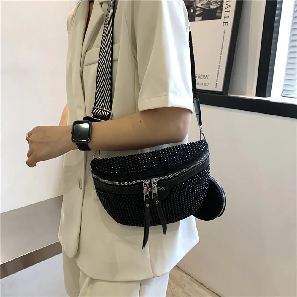 Rhinestone Women's Chest Pack Crossbody Bags PU Leather Fanny Pack