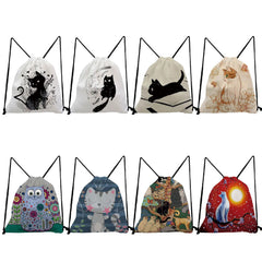 Cat Print Drawstring Shoes Bag Backpack
