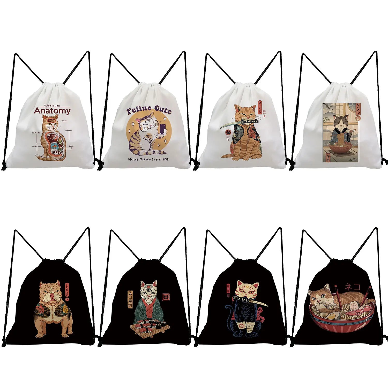 Samurai Cat Print Japanese Style Backpack for Students