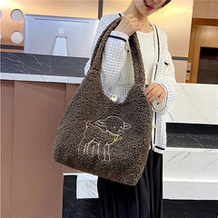 Embroidered Lamb Fabric Tote Bag for Women