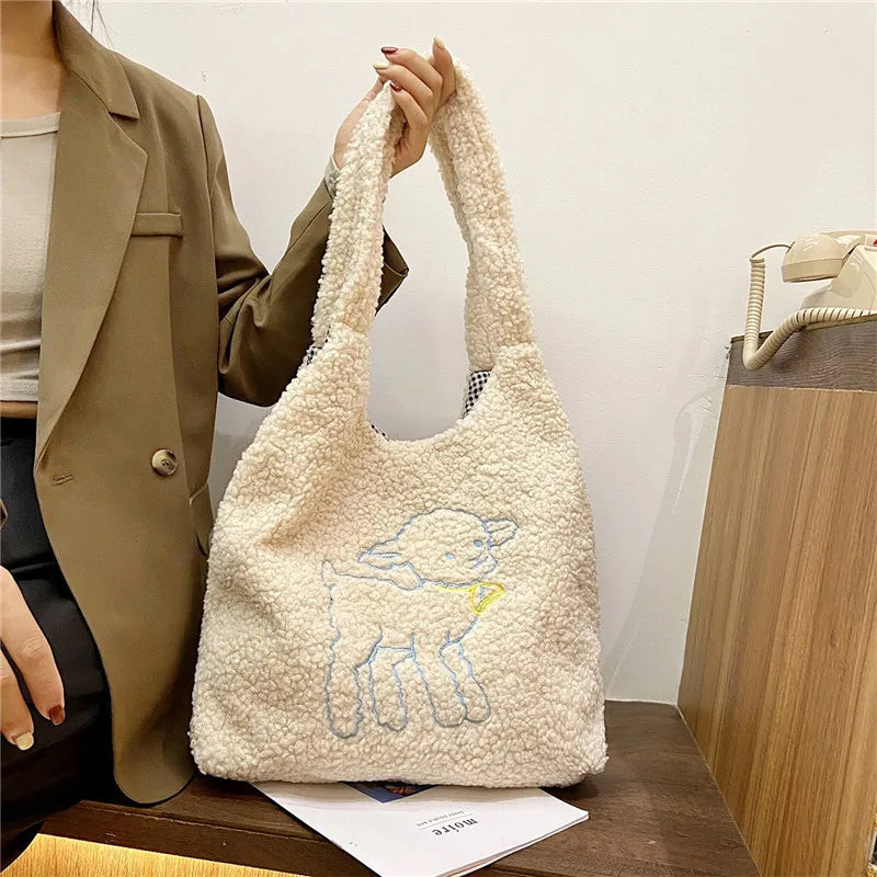 Embroidered Lamb Fabric Tote Bag for Women
