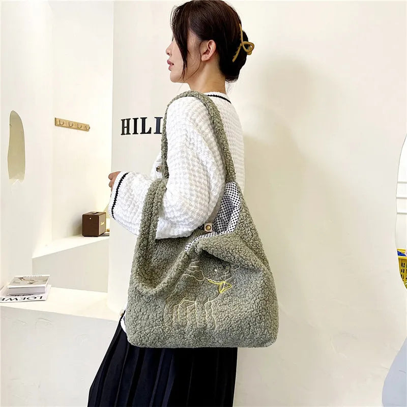 Embroidered Lamb Fabric Tote Bag for Women