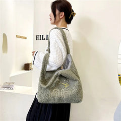 Embroidered Lamb Fabric Tote Bag for Women