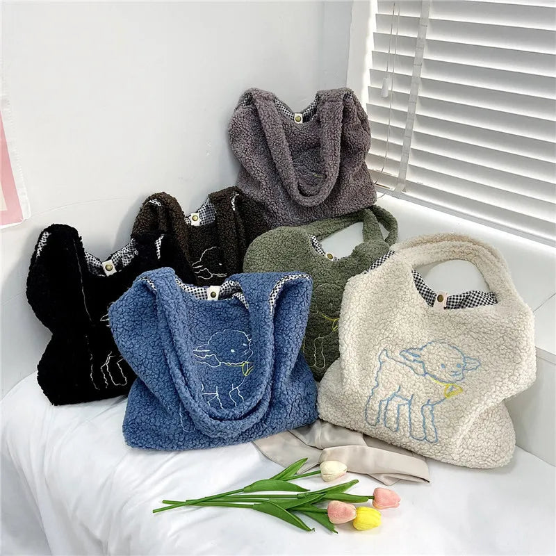 Embroidered Lamb Fabric Tote Bag for Women