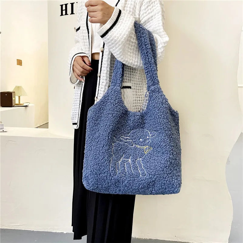 Embroidered Lamb Fabric Tote Bag for Women
