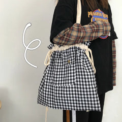 Women Plaid Drawstring Shopper Canvas Bag