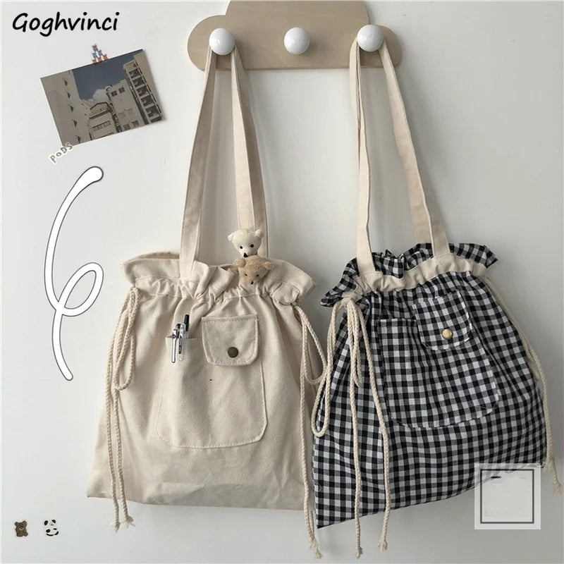 Women Plaid Drawstring Shopper Canvas Bag