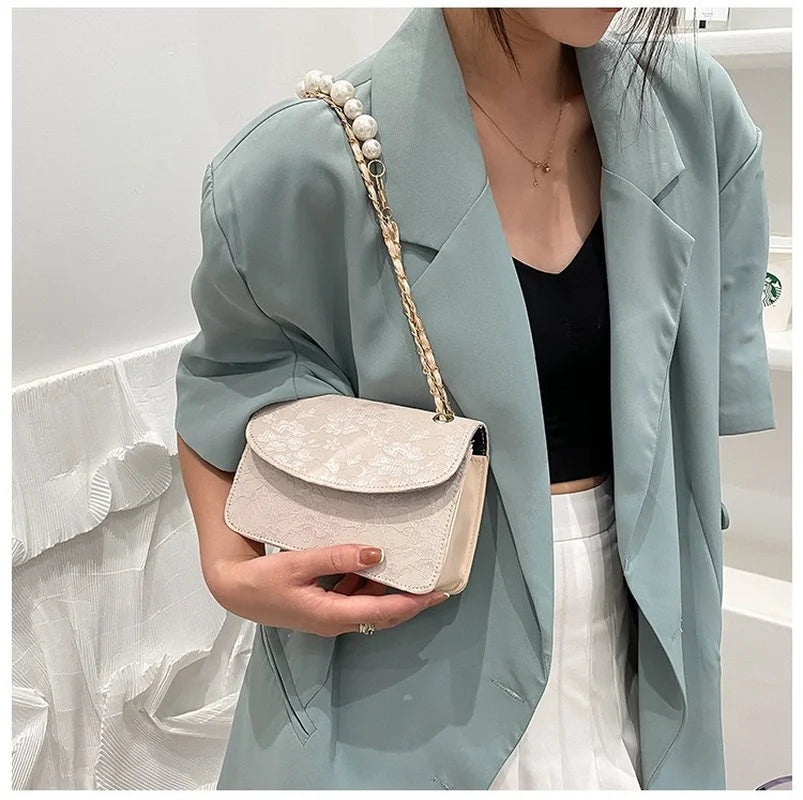 Lace Beaded Crossbody Shoulder Bag Women Handbag PU Leather Backpack