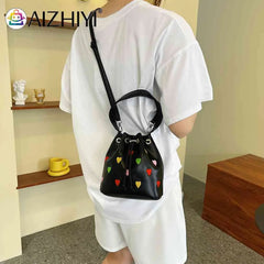 Leather Crossbody Bag Love Heart Embroidered Handbag