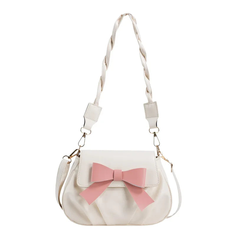 Retro Pleated Shoulder Bag with Bow for Women