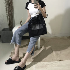 Women Large Capacity Shoulder Bag Hollow Out Casual Tote Handbag