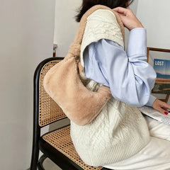 Women Soft Plush Shoulder Bag Solid Underarm Handbag