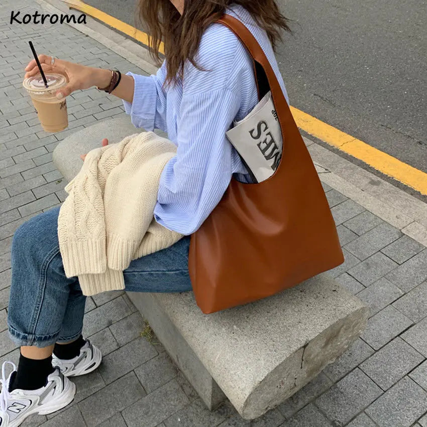 Shoulder Bags Women Solid Retro Casual Totes Ins Style Vintage Large Capacity