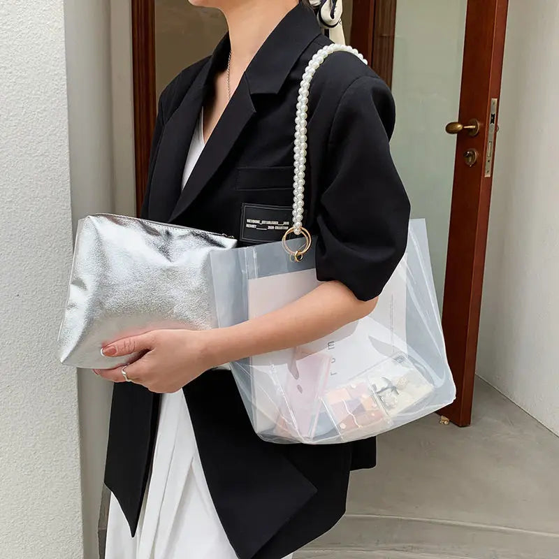 Women Transparent Shoulder Bag Casual Totes Summer Pearls Straps Portable