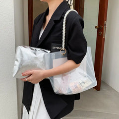 Women Transparent Shoulder Bag Casual Totes Summer Pearls Straps Portable