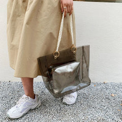 Women Transparent Shoulder Bag Casual Totes Summer Pearls Straps Portable
