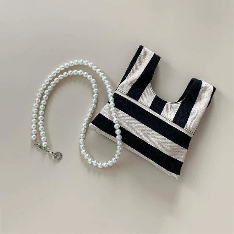 Vintage Striped Canvas Shoulder Bag with Pearls Beading