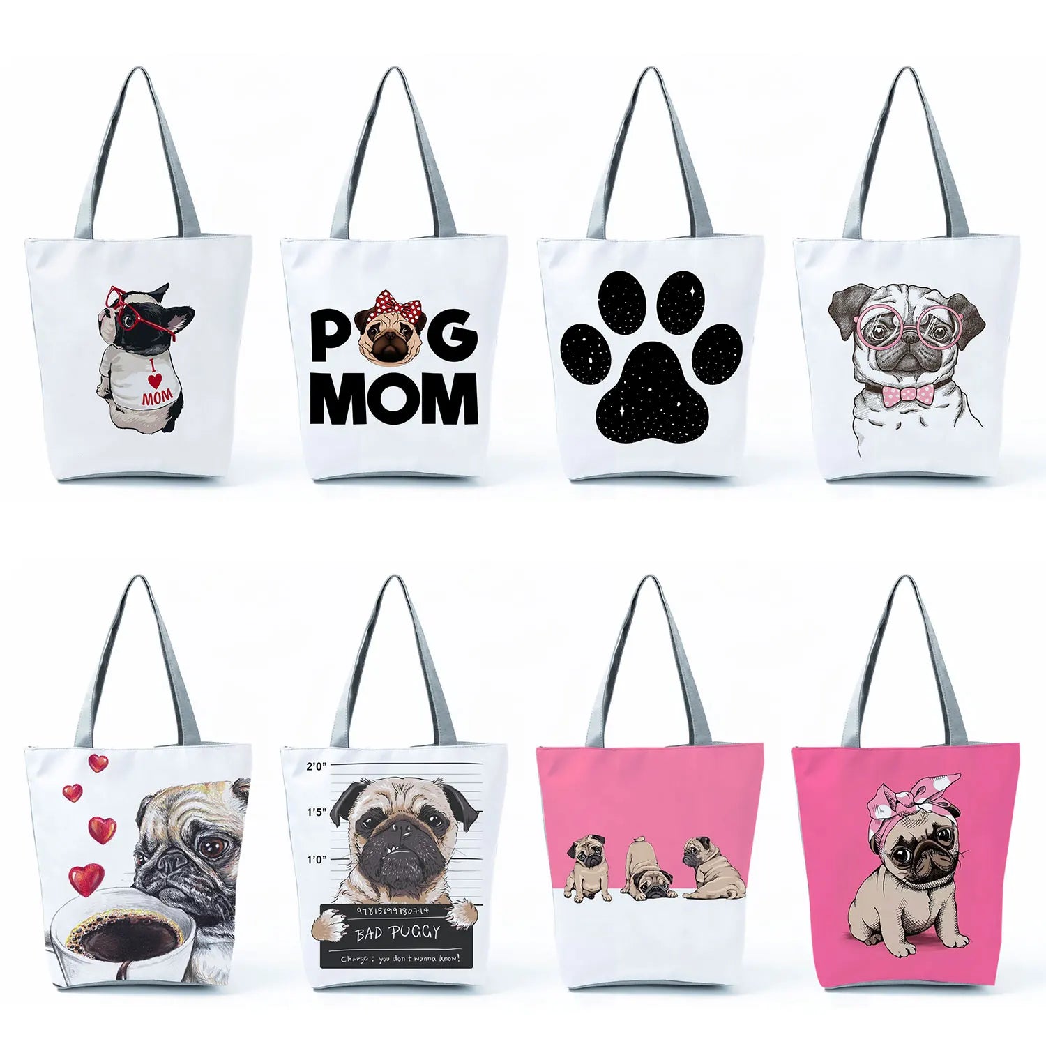 Funny Dog Paw Shoulder Shopper Bag - Pug Print Tote